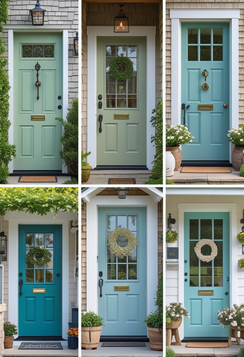Six cottage-style front doors in two rows, each door a different color and design, set against charming house exteriors.
