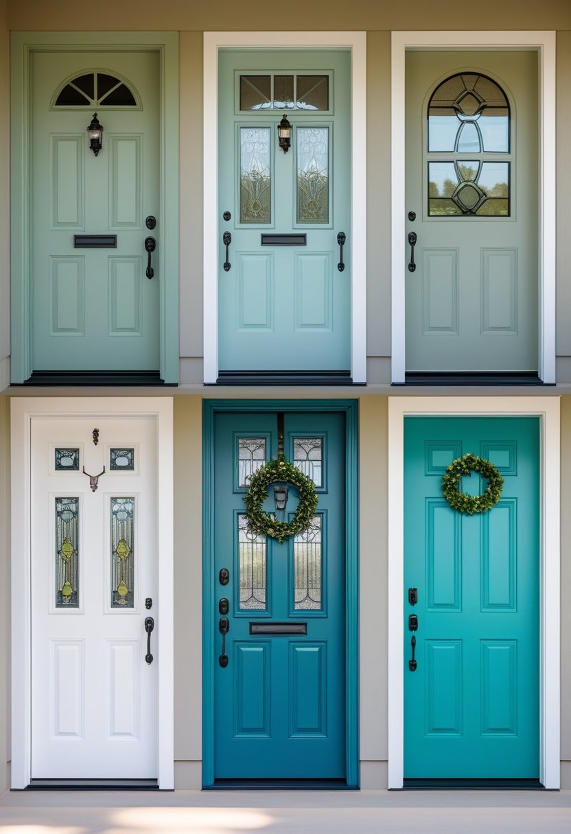 Six cottage-style front doors in two rows, showing different colors and designs.