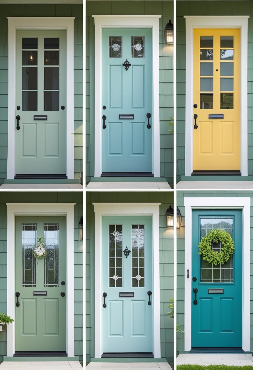 Six cottage-style front doors in various colors arranged in two rows on sage green exterior walls.