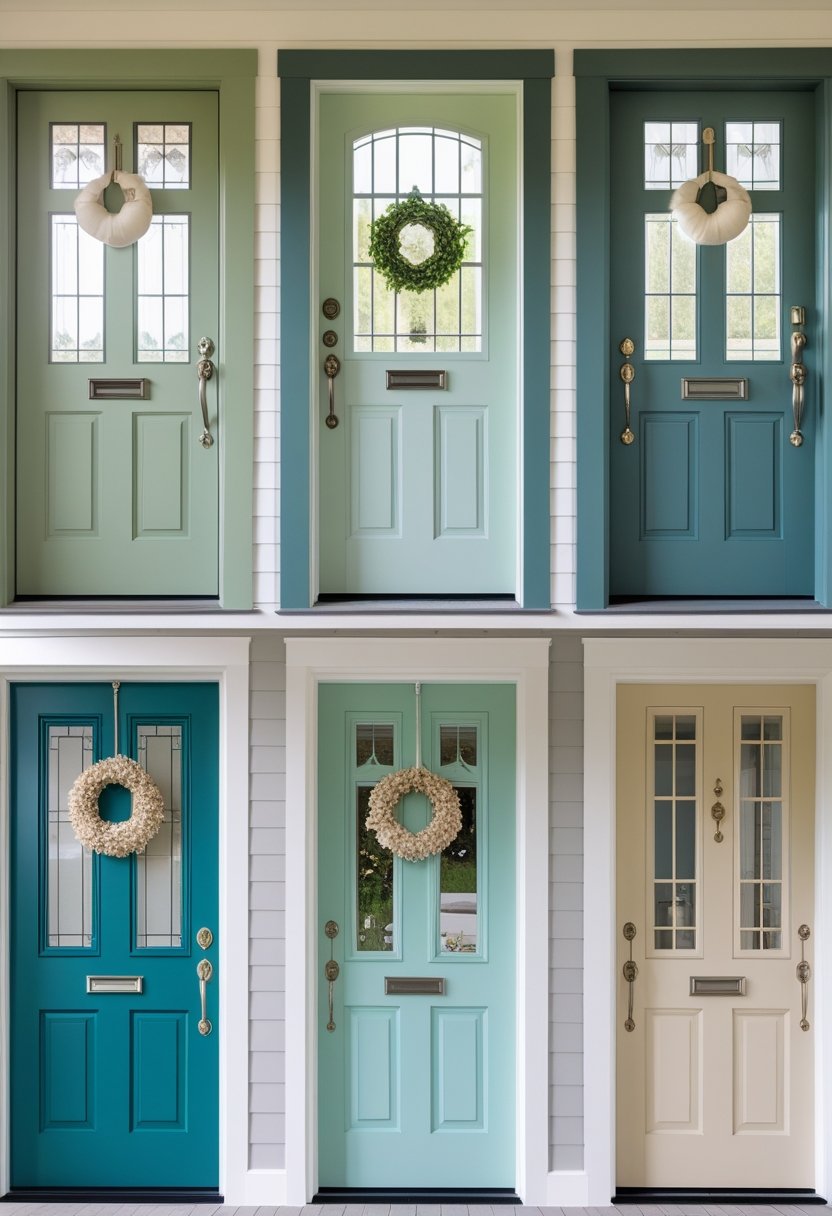Six cottage-style front doors arranged in two rows, each door painted in different colors including sage green, soft blue, and teal, displayed against a plain background.