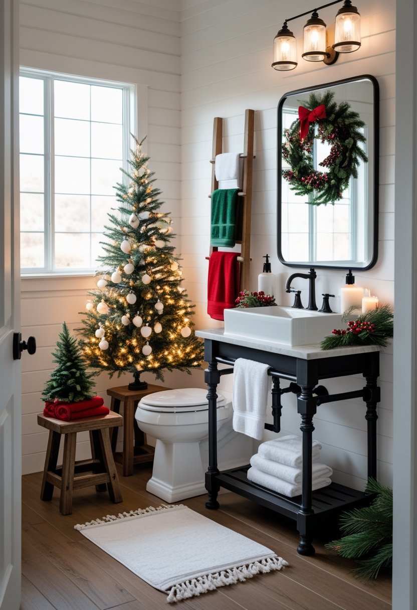 A bathroom decorated for Christmas with a small tree, towels, wreath on the mirror, candles, and holiday greenery.