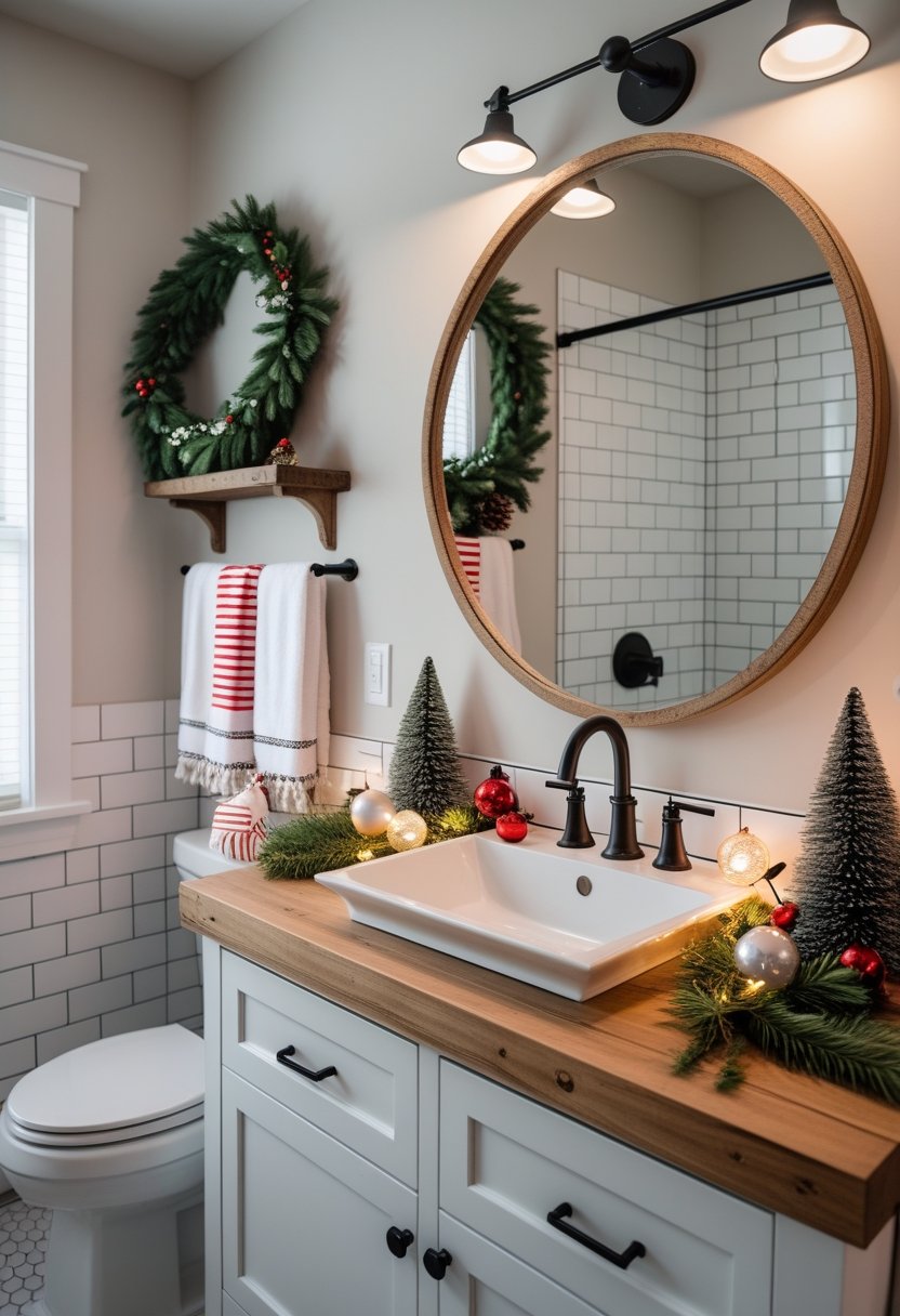 A bathroom decorated for Christmas with festive greenery, ornaments, towels, and a wooden countertop around a white sink.