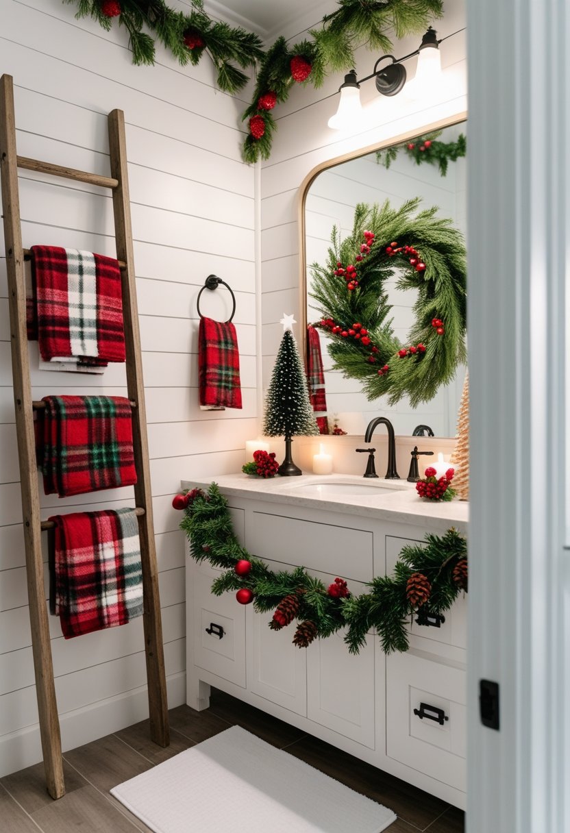 A decorated bathroom featuring holiday greenery, plaid towels, pine cones, and candles creating a festive atmosphere.