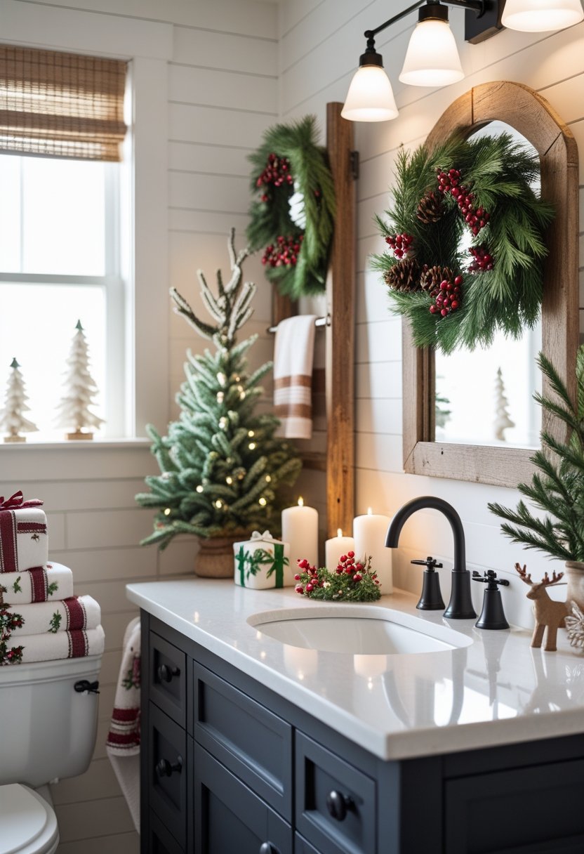 A bathroom decorated for Christmas with greenery, candles, and holiday ornaments around the sink and mirror.