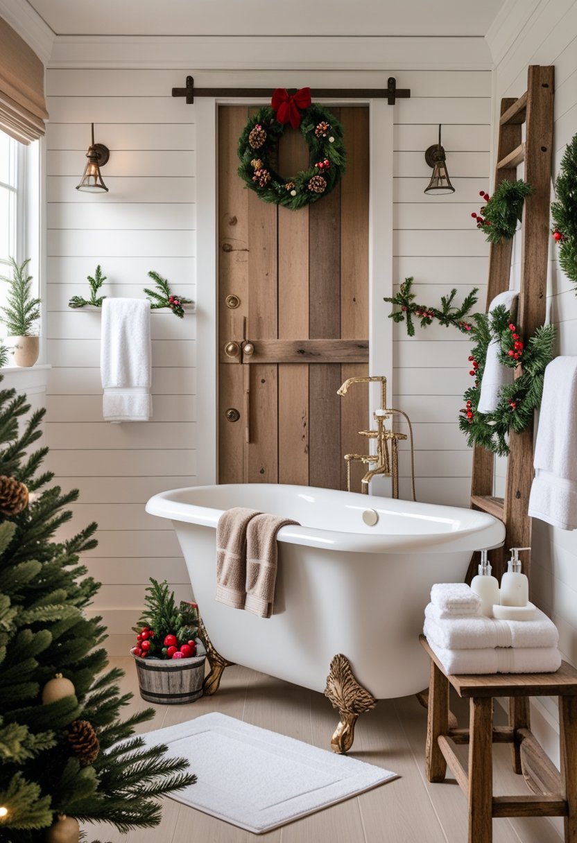 A neatly decorated bathroom with a bathtub, holiday greenery, candles, and festive decorations.