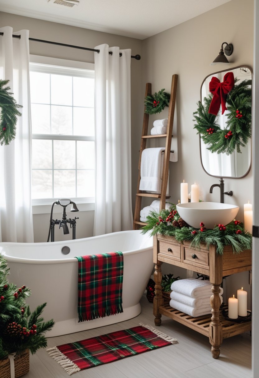 A bathroom decorated for Christmas with a bathtub, wooden vanity, festive greenery, candles, and holiday ornaments.