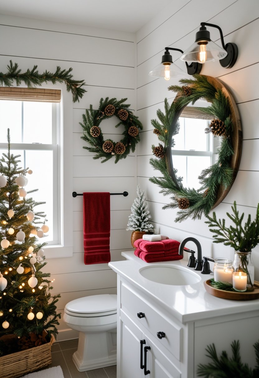 A bright bathroom decorated with Christmas greenery, a small tree with lights, a wreath on the mirror, and festive towels.