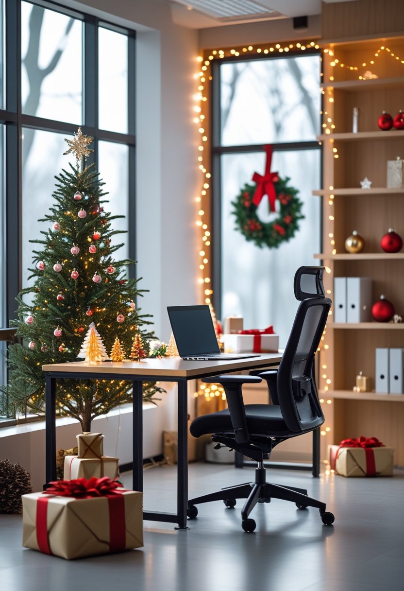 A modern office workspace decorated with a small Christmas tree, string lights, and holiday ornaments, featuring a desk with a laptop and a chair near large windows.