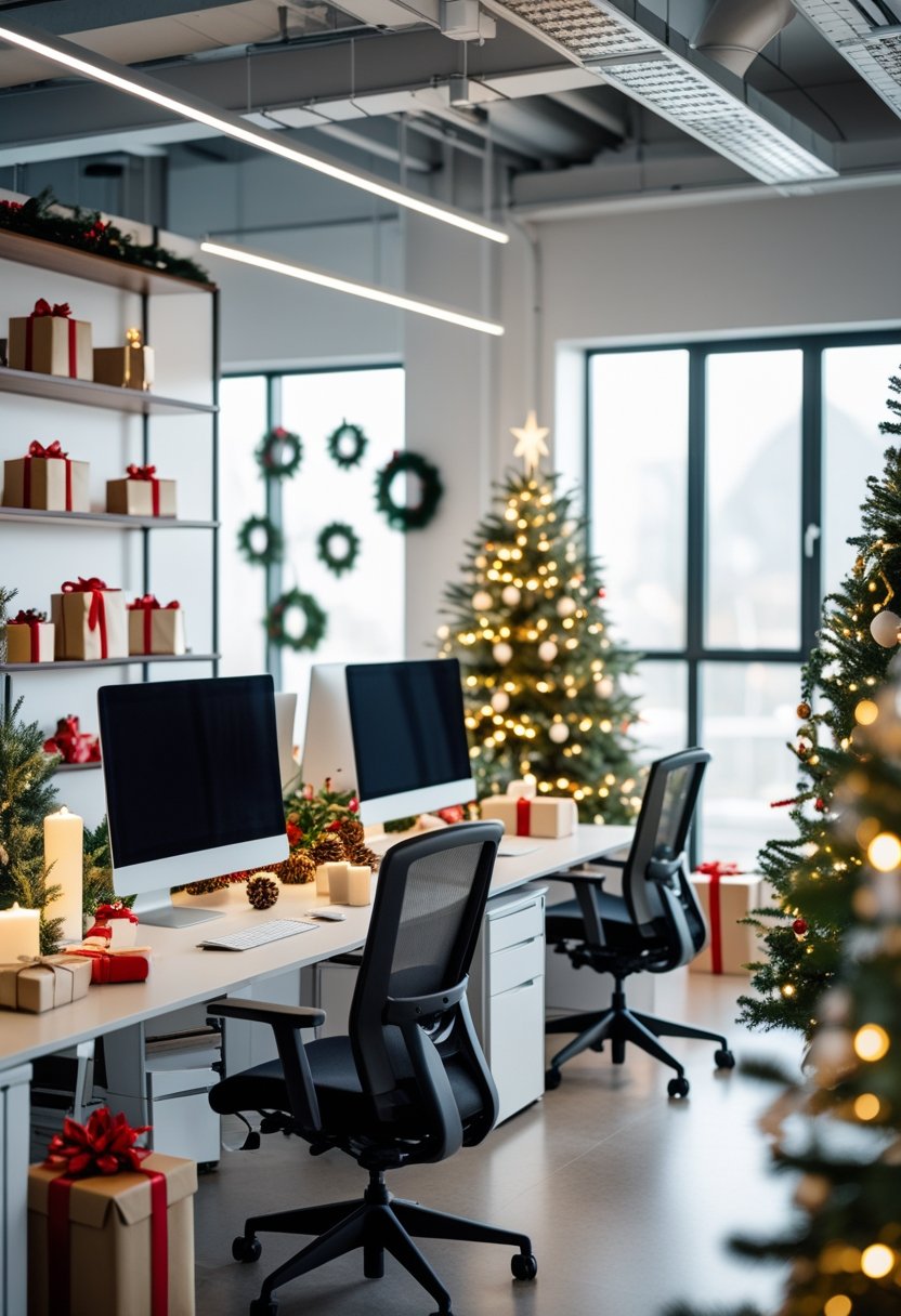 A modern office decorated for Christmas with a Christmas tree, wreaths, string lights, and wrapped gifts, featuring desks and computers in a bright workspace.