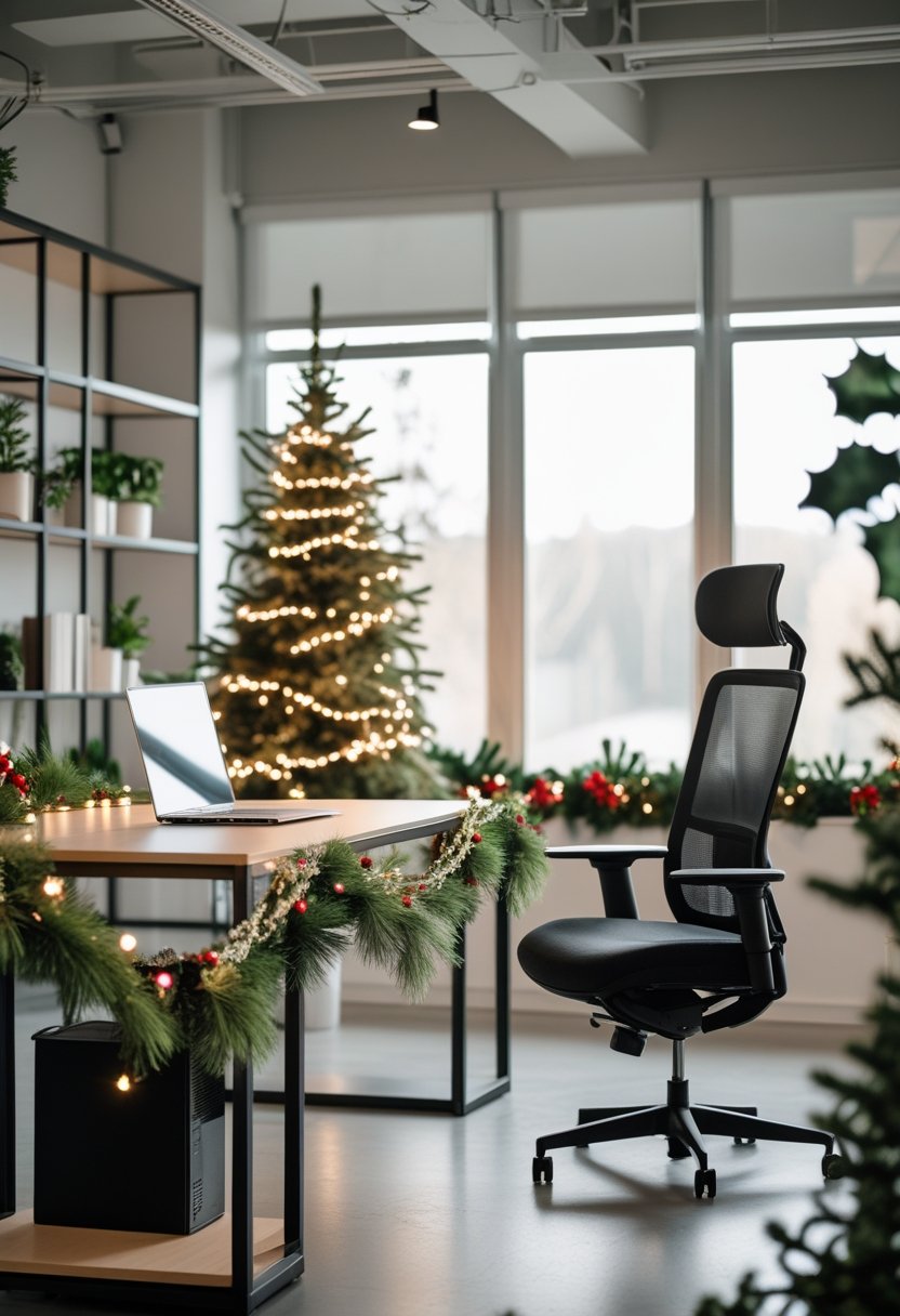 A modern office workspace decorated with a small Christmas tree, garlands, and holiday greenery, with a laptop on the desk and natural light coming through large windows.
