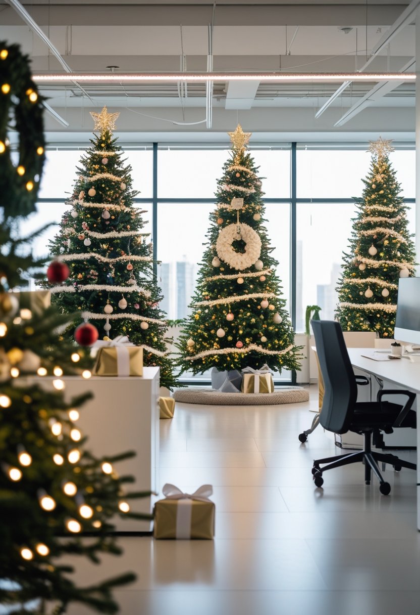 Modern office space decorated with Christmas trees and festive holiday decorations.