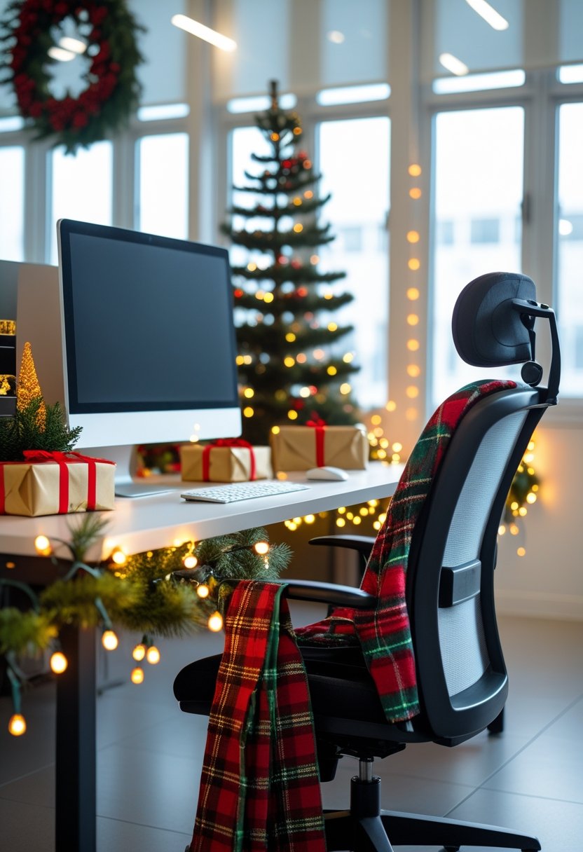 A modern office desk decorated with a small Christmas tree, wrapped gifts, pine garlands, and string lights, with a computer and office chair in a bright workspace.
