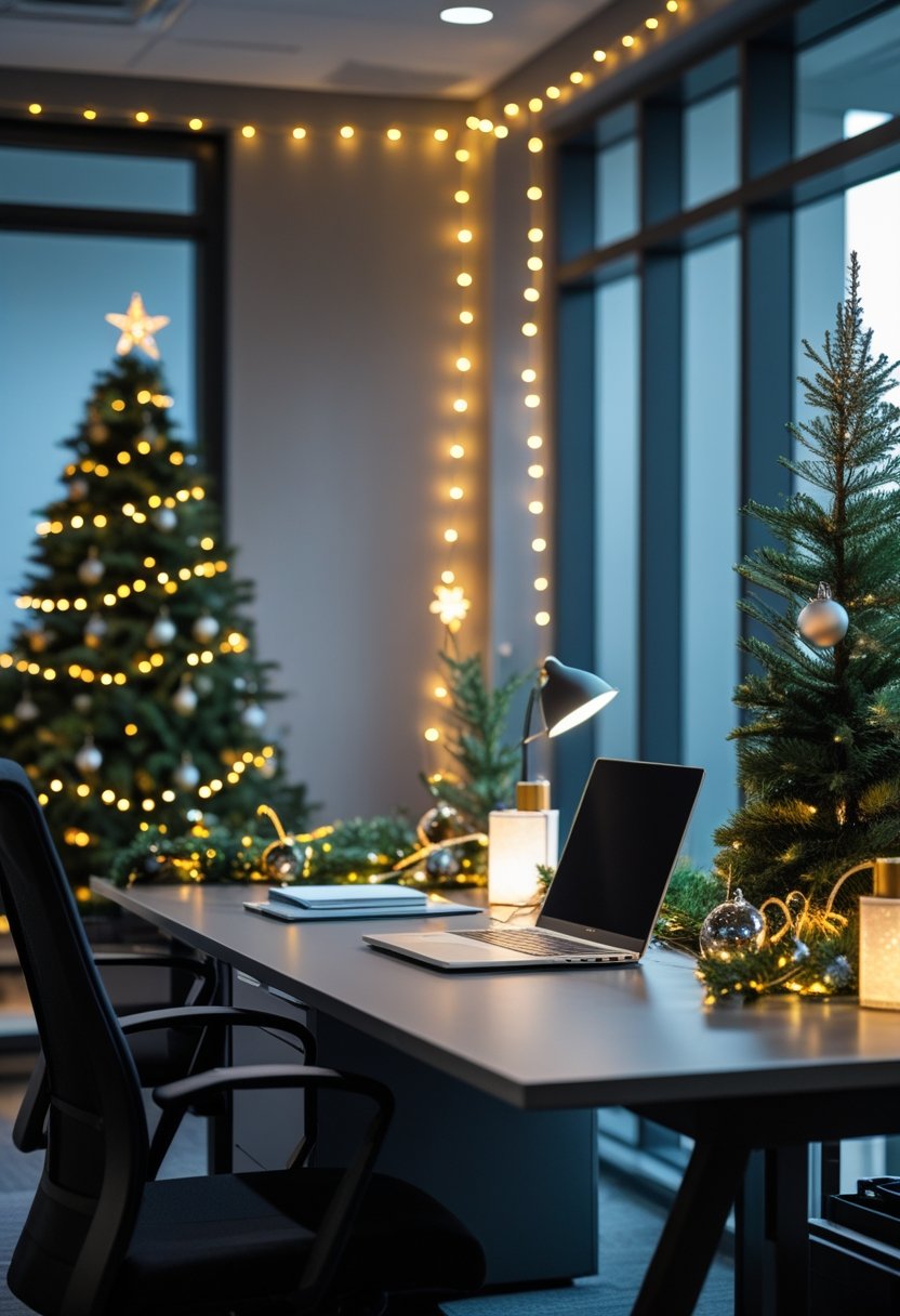 A modern office workspace decorated with warm Christmas lights and holiday ornaments, featuring a desk with a laptop and office supplies.