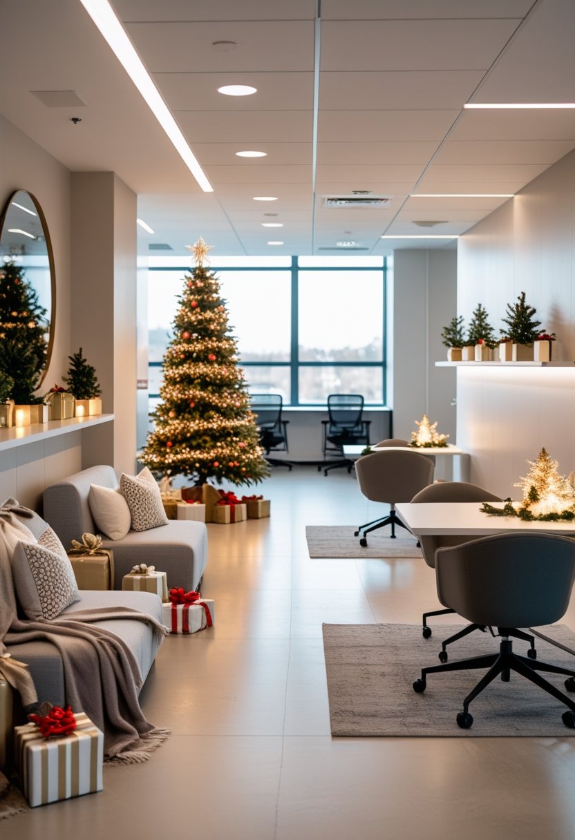 A modern office common area decorated with a Christmas tree, cozy seating, and festive holiday decorations.