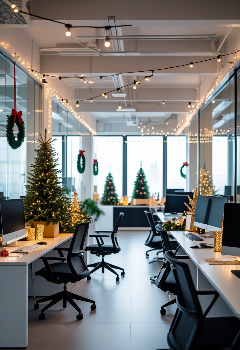 Modern office workspace decorated with tasteful Christmas decorations, including string lights, wreaths, and small pine trees, with desks and computers arranged neatly.