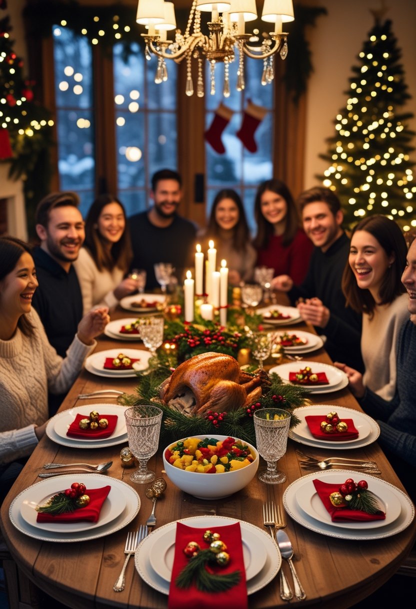 A group of people enjoying a festive Christmas dinner around a decorated table with food and a Christmas tree in the background.