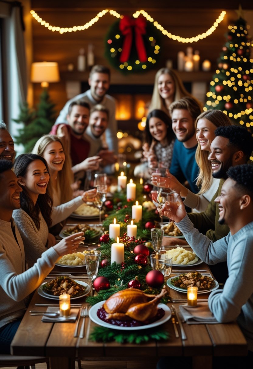 A group of people enjoying a festive Christmas dinner around a decorated table with food and holiday decorations.