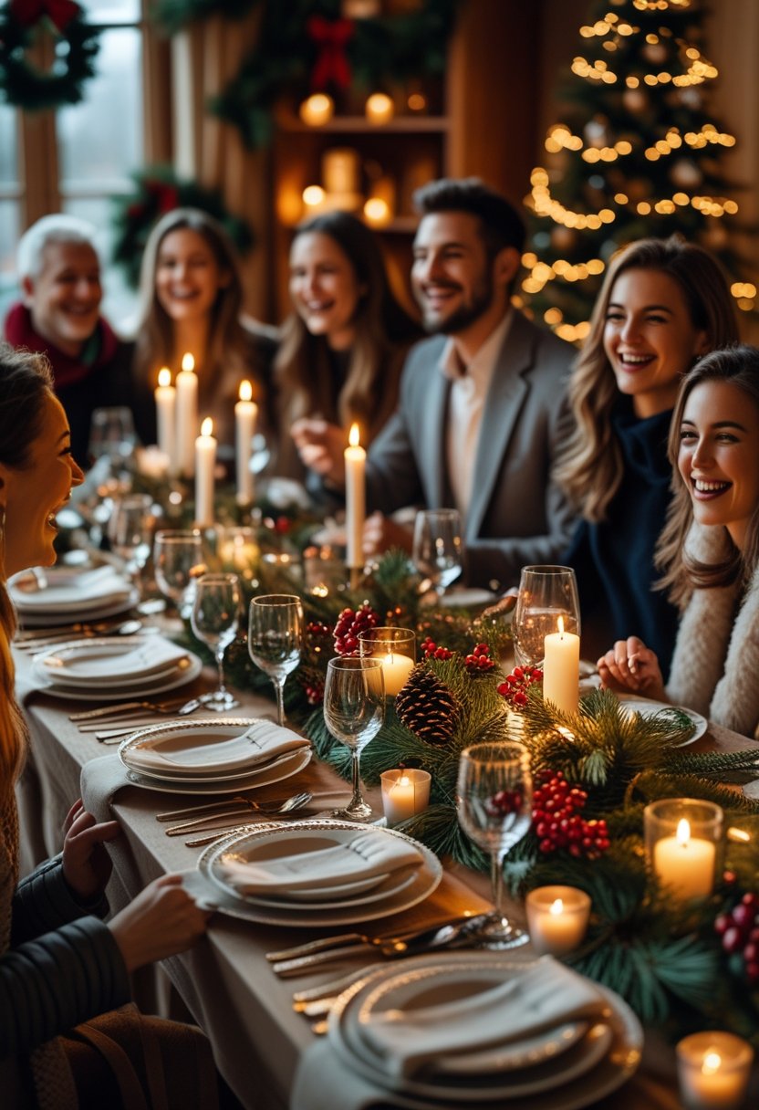 A cozy Christmas dinner table decorated with a festive centerpiece, candles, and holiday decorations, surrounded by smiling guests enjoying the celebration.