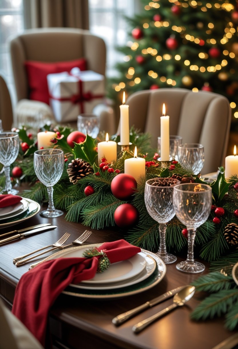A Christmas dinner table set with plates, silverware, candles, and a festive centerpiece surrounded by chairs, with a Christmas tree and decorations in the background.
