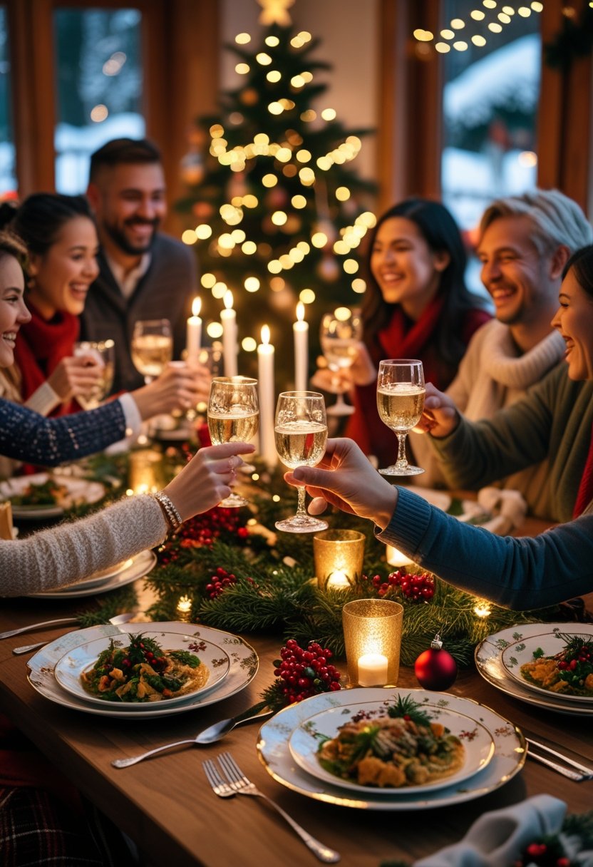 A cozy Christmas dinner party with people smiling around a decorated table filled with holiday food and festive decorations.