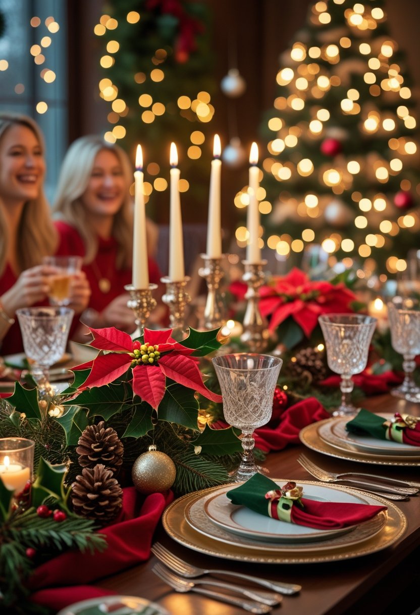 A cozy Christmas dinner party with a decorated table featuring seasonal flowers, candles, and festive decorations, surrounded by people enjoying the celebration.