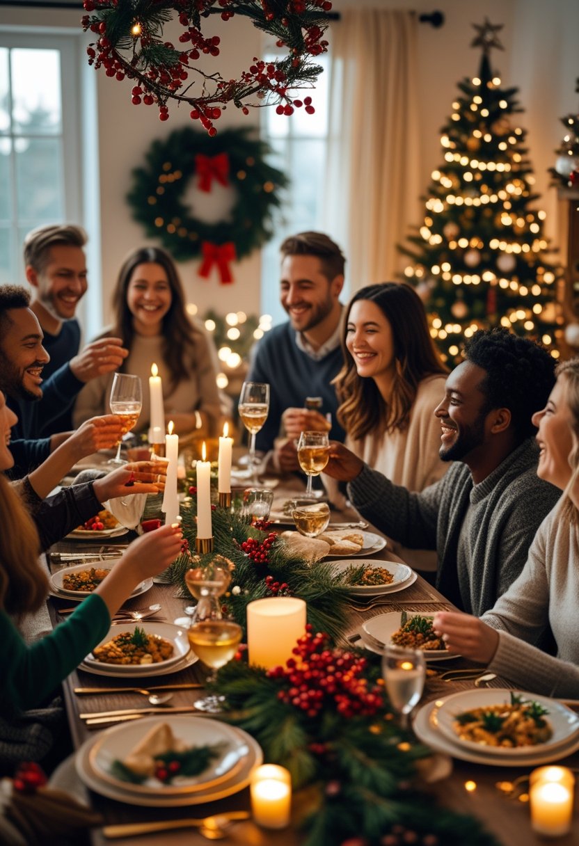 A group of people enjoying a festive Christmas dinner around a decorated table with holiday decorations and warm lighting.
