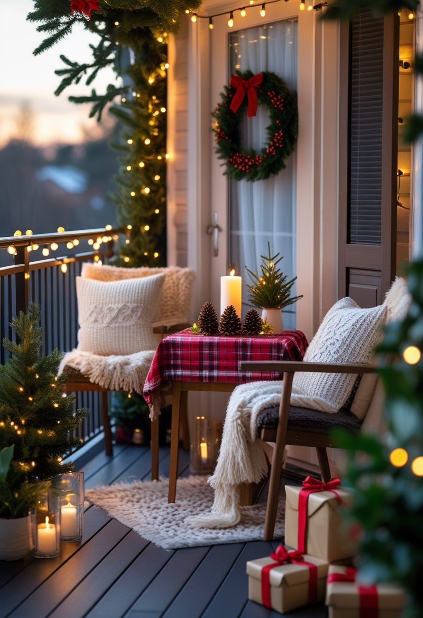 A small balcony decorated for Christmas with string lights, a table with a candle and pinecone centerpiece, two chairs with cushions and blankets, potted evergreen plants, a wreath on the door, and wrapped gifts on the floor.