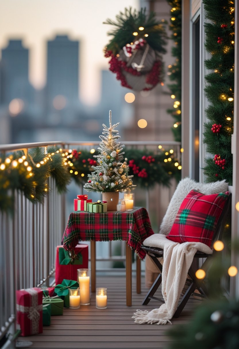 A small balcony decorated for Christmas with string lights, a miniature Christmas tree, wrapped gifts, cushions, and pine garlands.