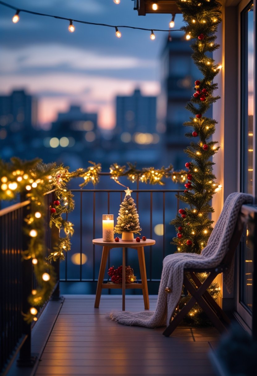 A small balcony decorated with warm string lights, a miniature Christmas tree, candles, and festive greenery during twilight.