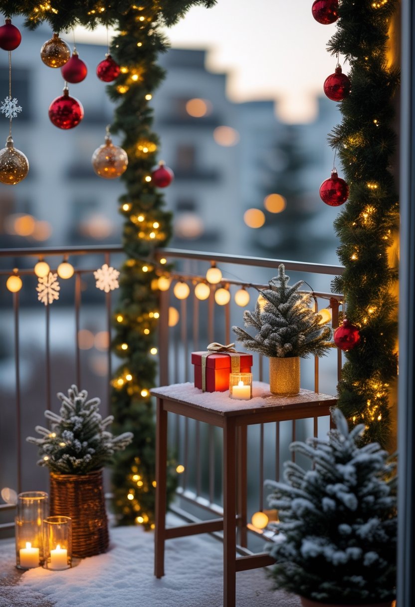 A small balcony decorated with Christmas ornaments, garlands, fairy lights, pine cones, candles, and a potted evergreen plant, overlooking a cityscape.