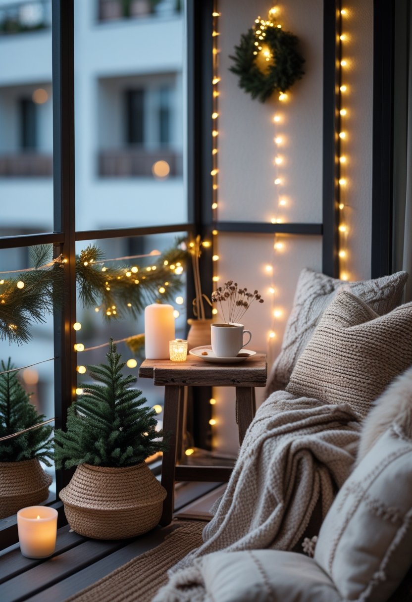 A small balcony decorated for Christmas with warm lights, cushions, plants, and a wooden table with a hot drink.