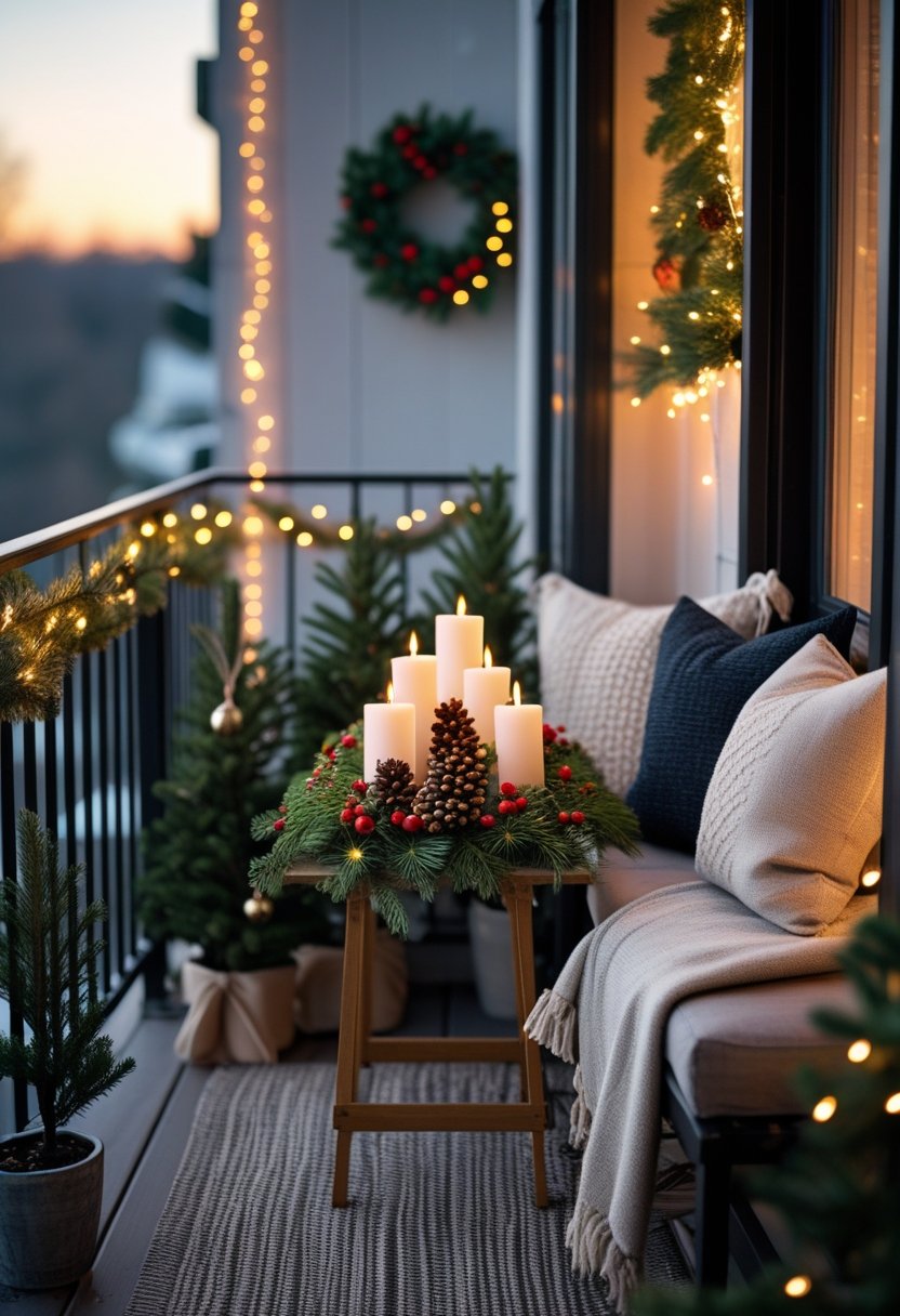 A cozy balcony decorated for Christmas with a festive centerpiece, fairy lights, cushions, and small evergreen plants.