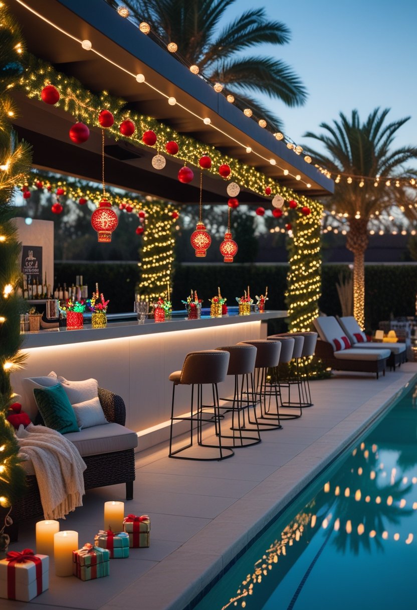 Outdoor poolside bar decorated with Christmas lights, ornaments, and festive decorations next to a swimming pool with lounge chairs.