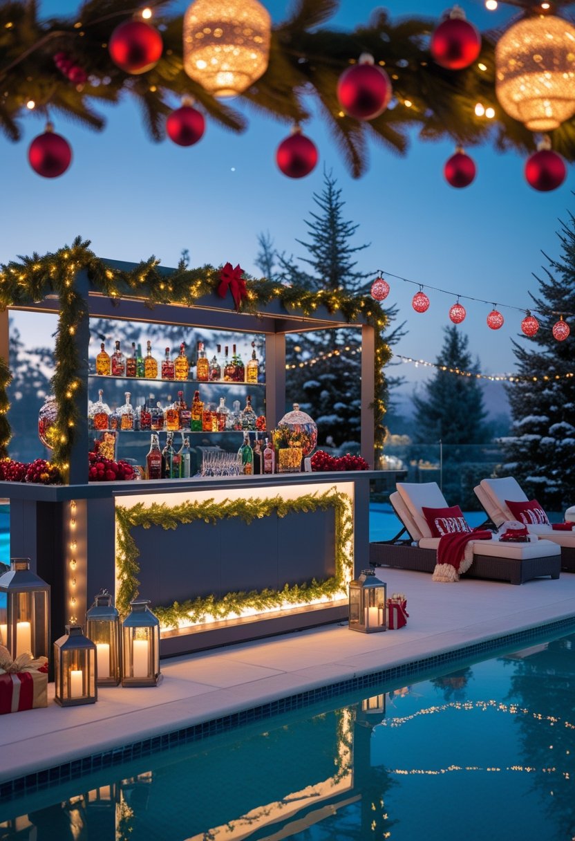 An outdoor poolside bar decorated for Christmas with festive lights, ornaments, cocktails, lounge chairs, and a swimming pool under a starry sky.