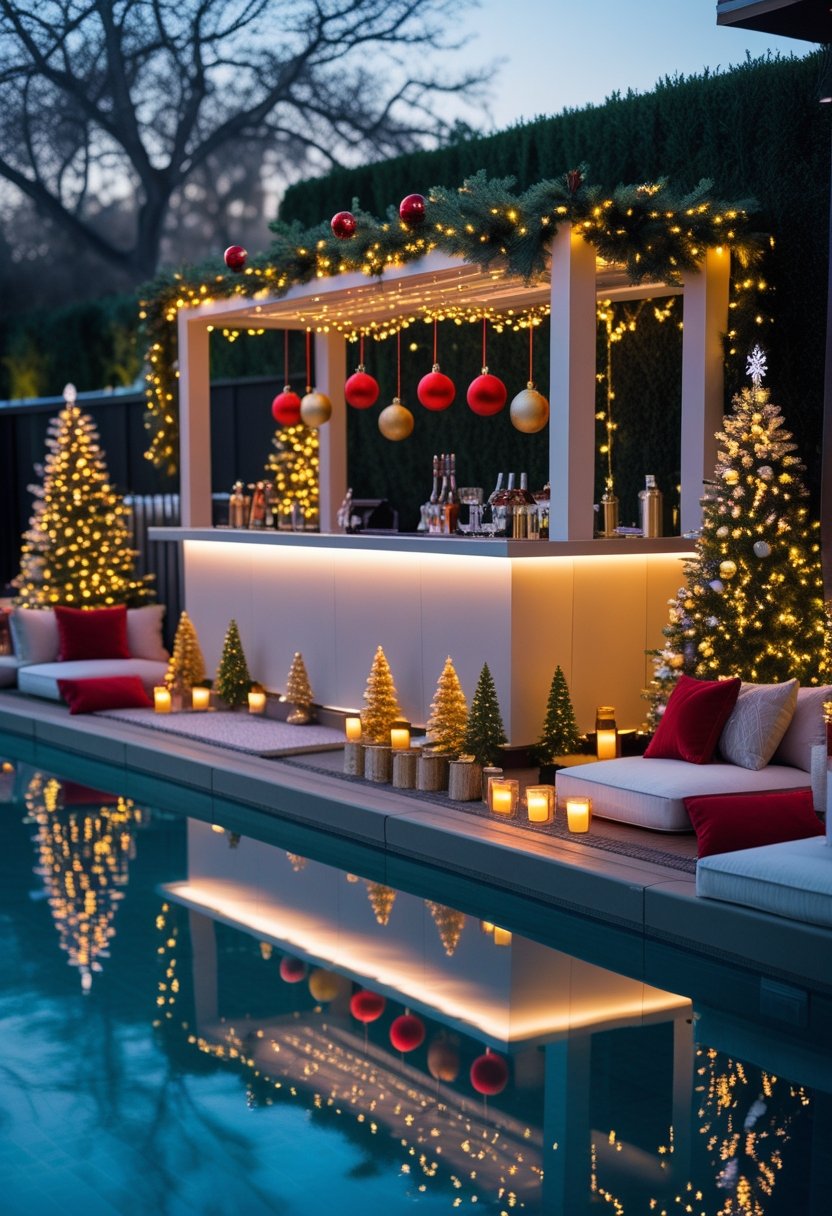An outdoor poolside bar decorated with Christmas lights, garlands, and ornaments, surrounded by seating and small Christmas trees.