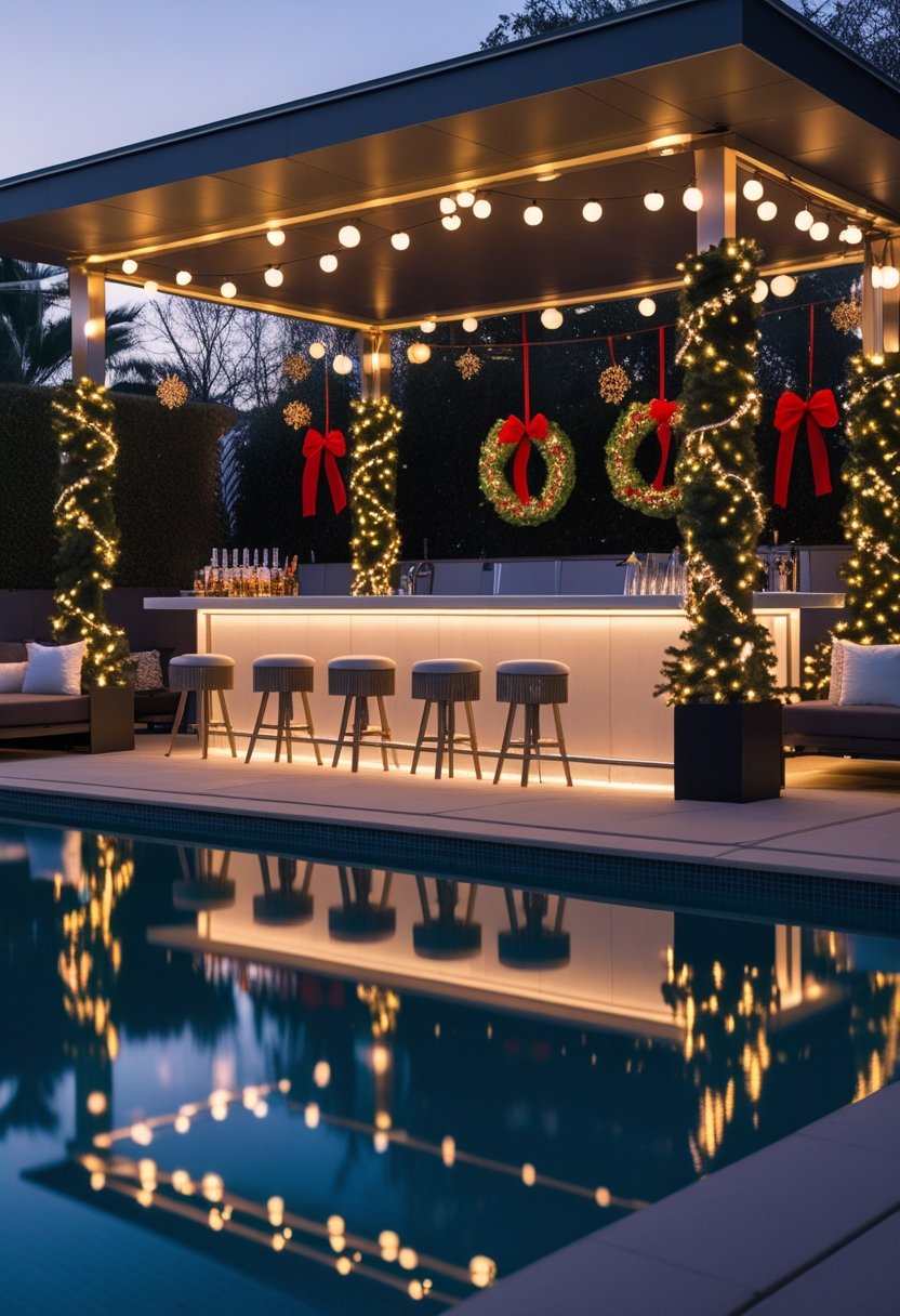 An outdoor poolside bar decorated with Christmas lights and holiday ornaments next to a swimming pool during early evening.