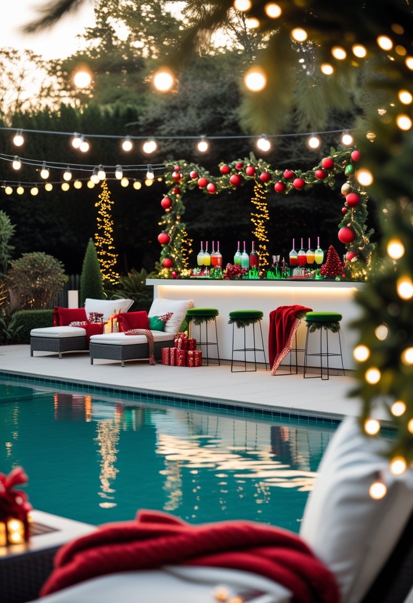 Outdoor poolside bar decorated with Christmas ornaments, lights, and festive drinks next to a swimming pool surrounded by lounge chairs.