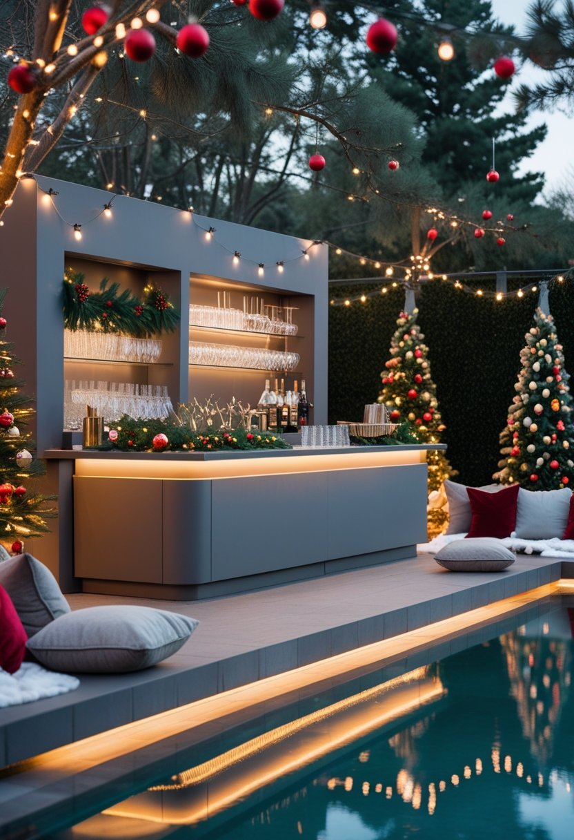 An outdoor poolside bar decorated for Christmas with holiday lights, ornaments, a pool, and comfortable seating.