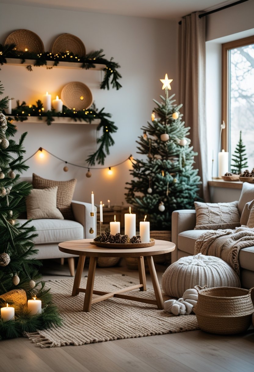 Cozy living room with a sofa, wooden coffee table, Christmas tree, and festive decorations including pine garlands and candles.