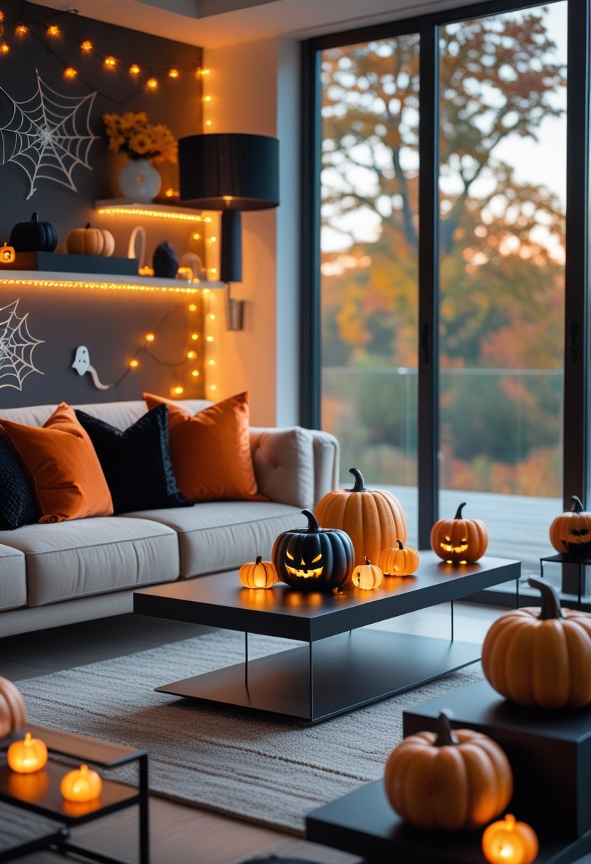A modern living room decorated with pumpkins, string lights, and subtle Halloween decorations, featuring a cozy seating area and autumn scenery outside the window.