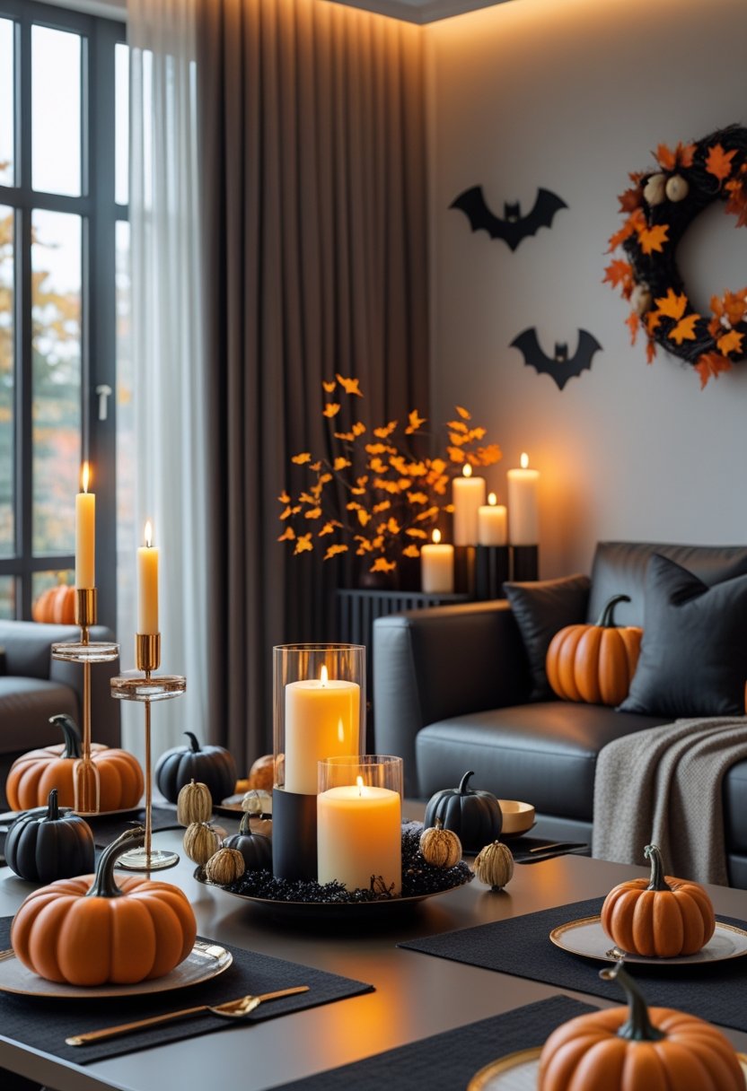 A living room decorated for Halloween with pumpkins, candles, autumn leaves, and modern furniture creating a warm and festive atmosphere.