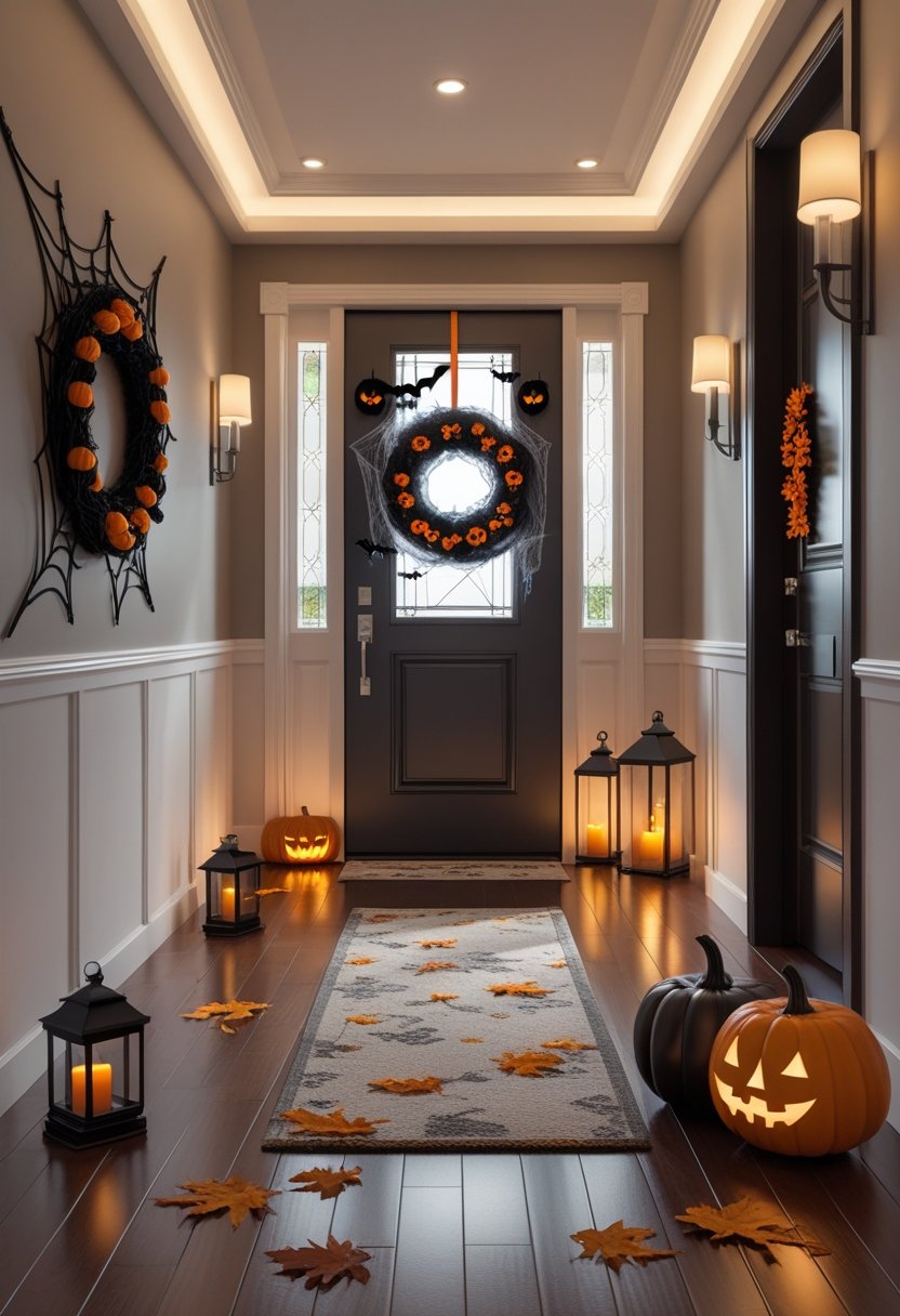 A home entryway and hallway decorated with pumpkins, cobwebs, candles, and autumn leaves for Halloween.