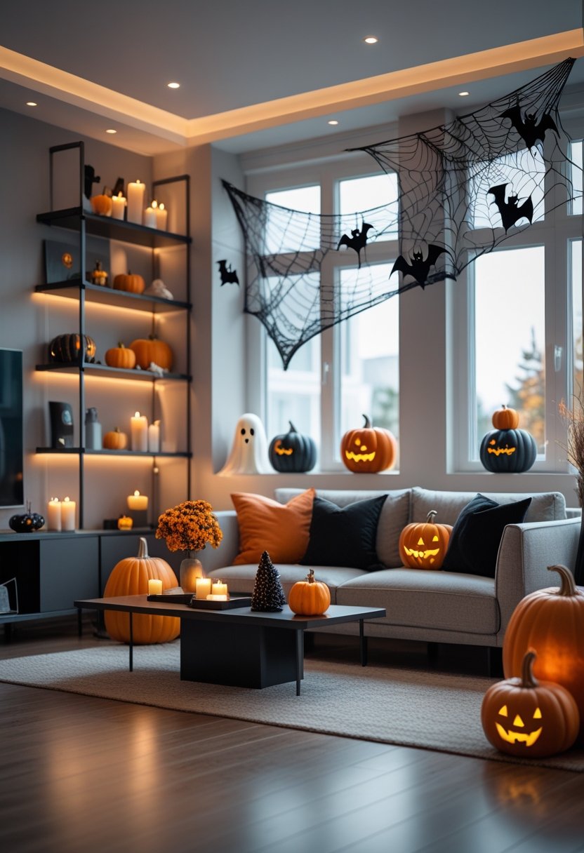A living room decorated with Halloween-themed items including pumpkins, cobwebs, and candles, featuring a sofa, coffee table, and shelves.