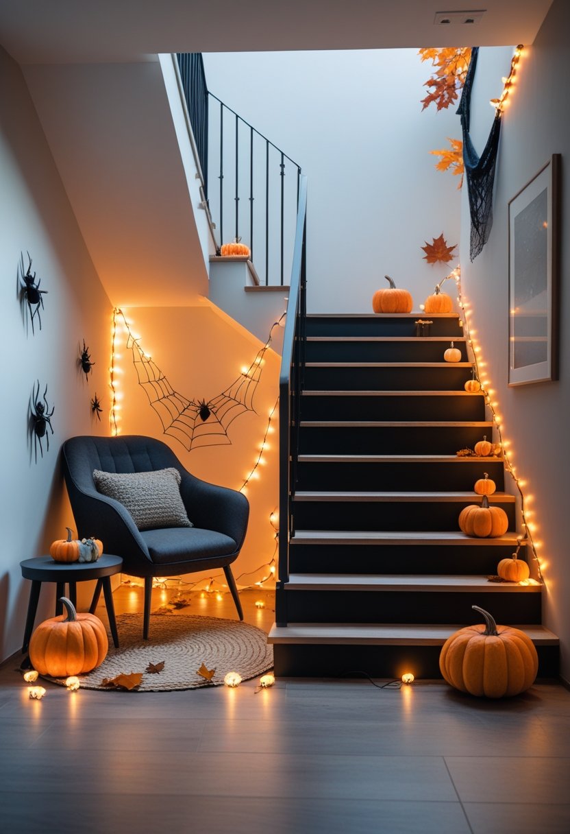 A modern staircase next to a cozy seating area decorated with pumpkins, string lights, and autumnal accents for Halloween.
