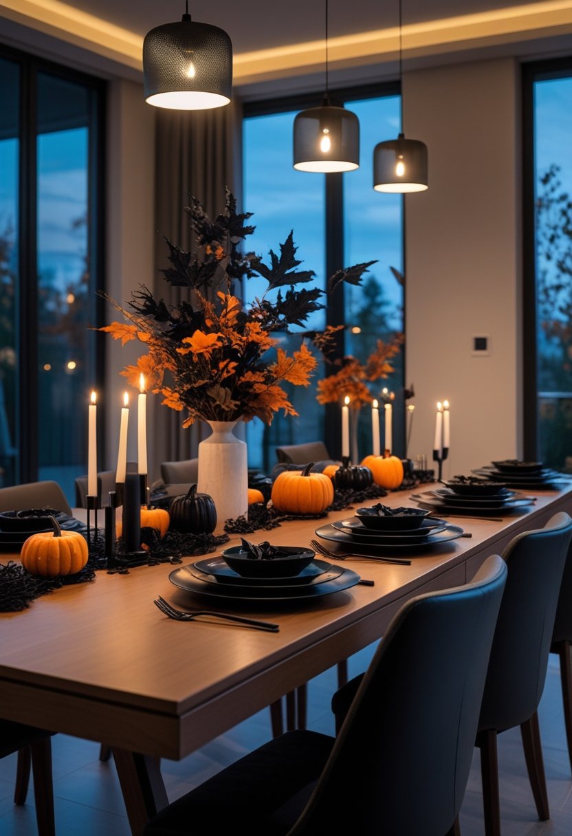 A dining room decorated for Halloween with pumpkins, candles, and autumn flowers on a wooden table under warm lighting.
