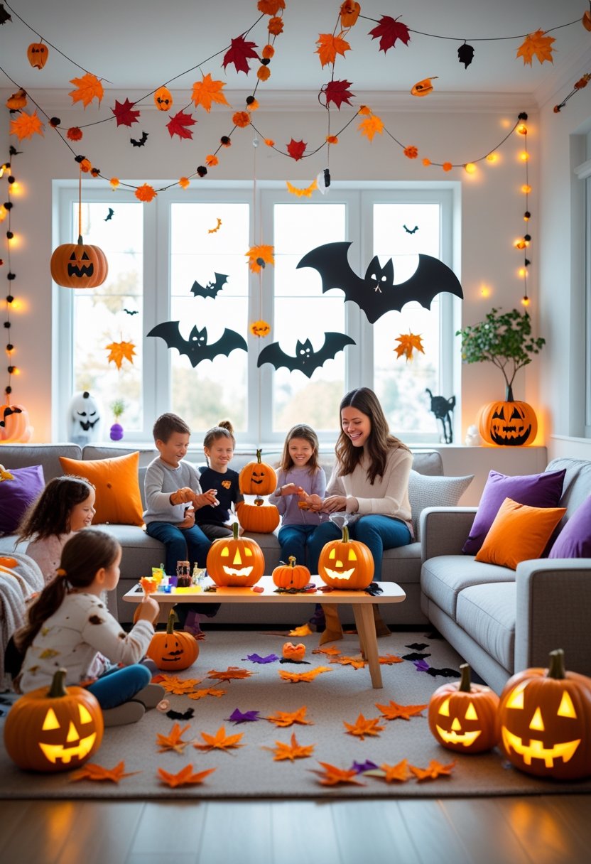 A family living room decorated for Halloween with pumpkins, ghost ornaments, and children painting pumpkins together.