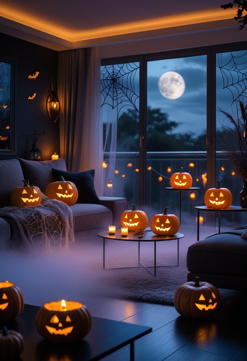 A modern living room decorated for Halloween with ambient orange and purple lighting, carved pumpkins, spider webs, and soft fog creating a spooky atmosphere.