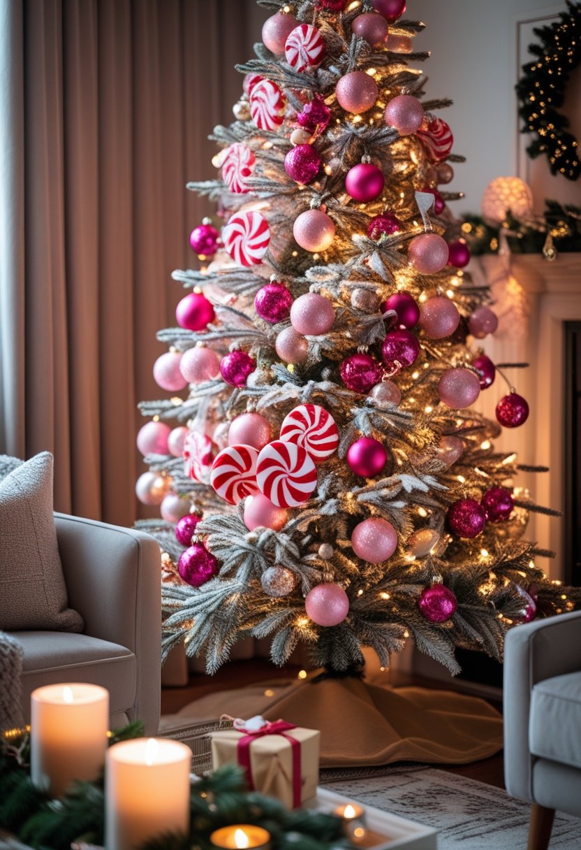 A cozy living room corner with a decorated Christmas tree featuring pink and red candy ornaments and peppermint lollipops next to a coffee table with holiday decorations.