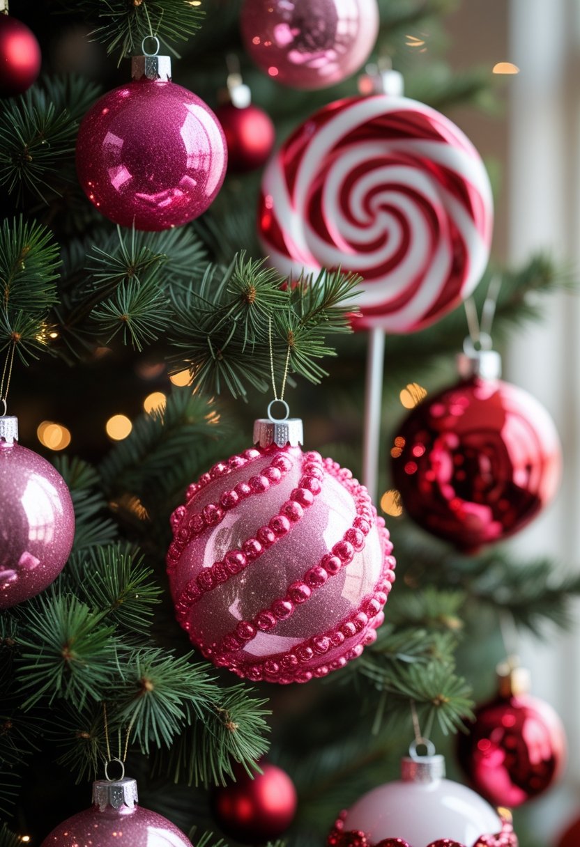 A Christmas tree decorated with pink and red candy ornaments and peppermint lollipops.