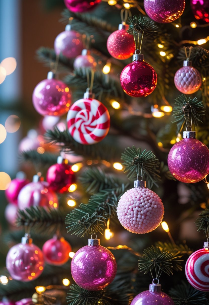 A decorated Christmas tree with pink and red candy ornaments and peppermint lollipops, softly lit and sparkling.